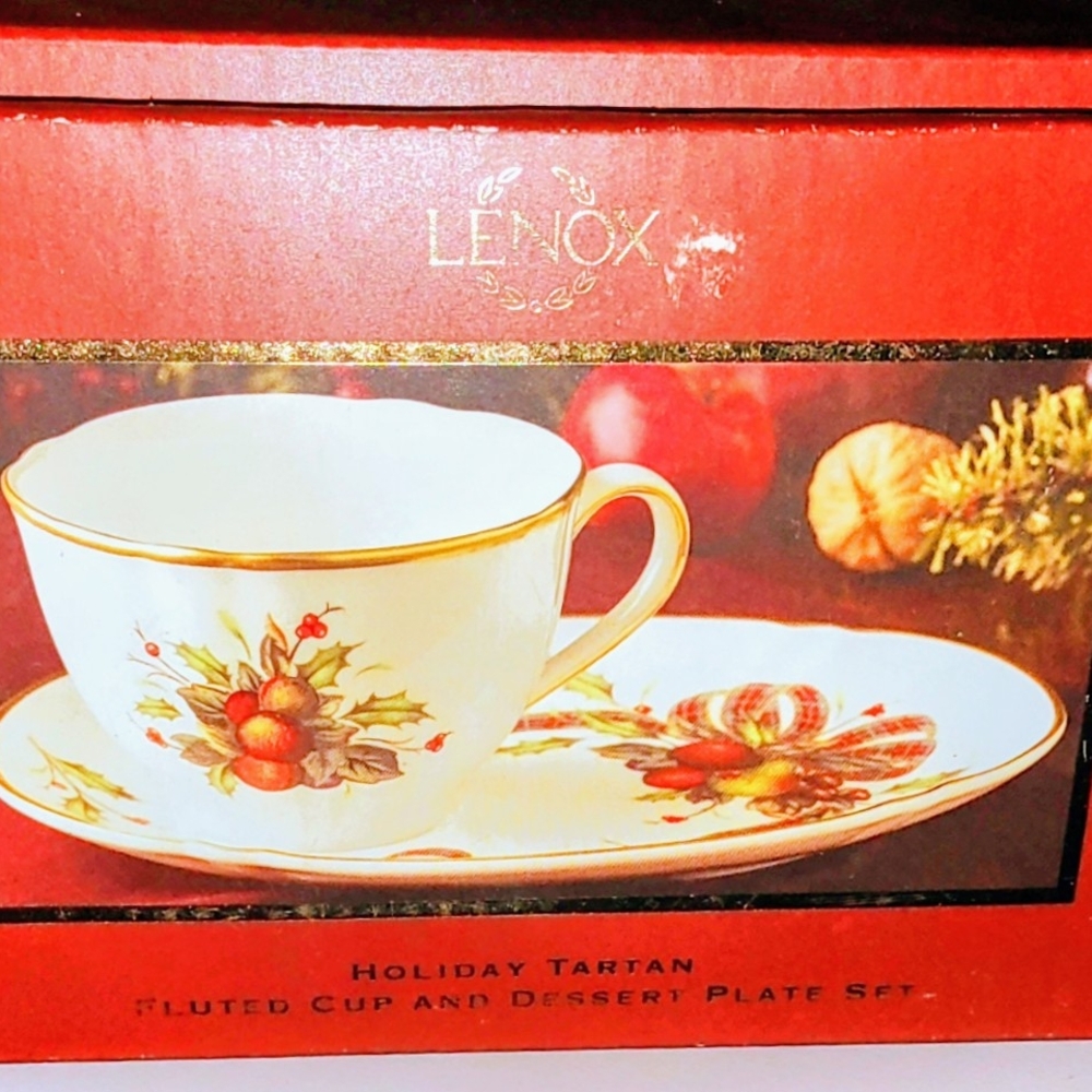 Lenox Holiday Tartan Fluted Cup and Dessert Plate Set - Red and Gold